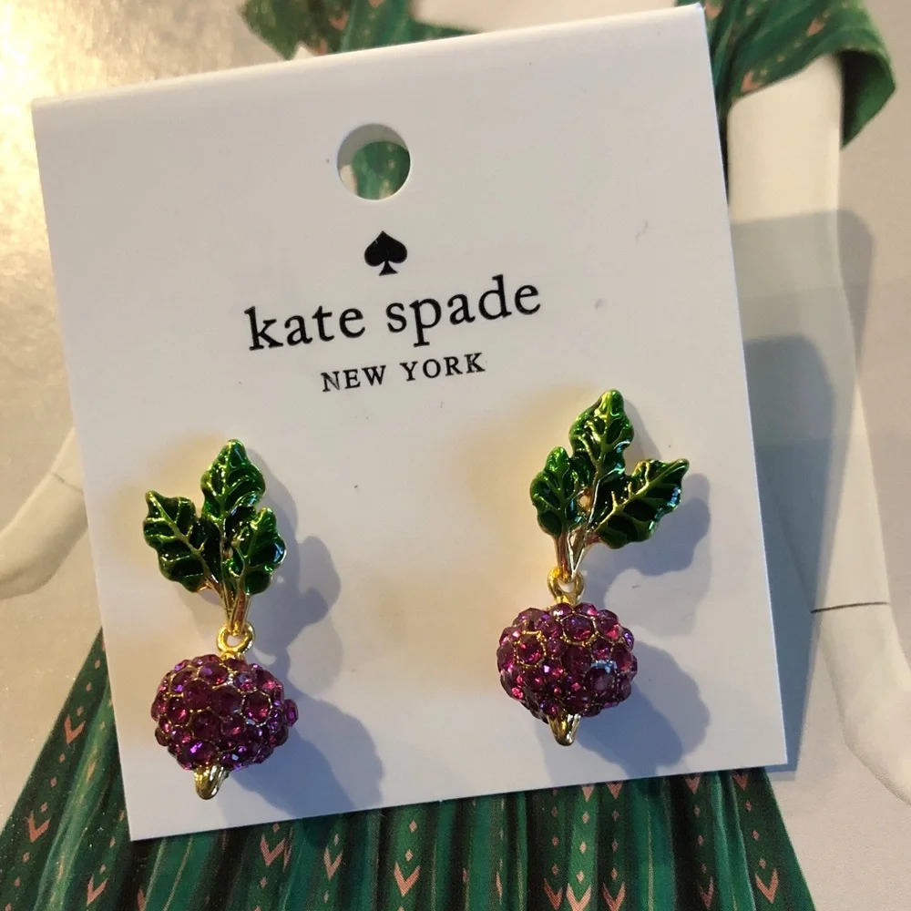 New with card. Authentic kate spade crystal radish and Green Leaf Drop Earrings